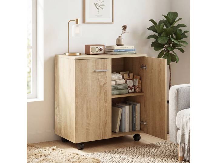 HOMCOM Buffet Roulettes 2 Portes Étagères 60x35x65cm Bois Natural