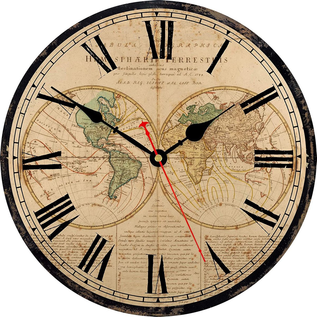 TAHEAT Wereldkaart Wandklok - Vintage Houten Wandklok met Analoge Wijzerplaat - 20 cm