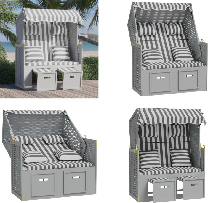 vidaXL Strandkorb mit Kissen Poly Rattan und Massivholz Grau & Weiß - Strandkorb - Strandkörbe - Sonnenliege - Strandliege