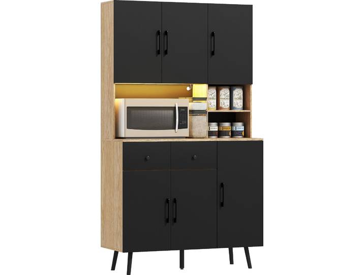 HOMCOM Buffet cuisine avec lumière LED RGB contrôlé APP\, meuble cuisine rangement haut avec plan de travail\, 6 portes\, 2 tiroirs\, compartiments ouverts\, étagères réglables\, 100x40x176cm\, noir