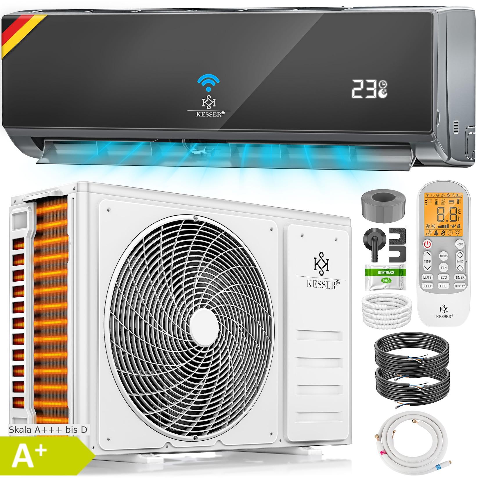 KESSER® Klimaanlage Set Split, WiFi/App Funktion Klimagerät, Kühlen A++/Heizen A+, sehr leise, Kältemittel R32, Fernbedienung, Timerfunktion, Montagematerial