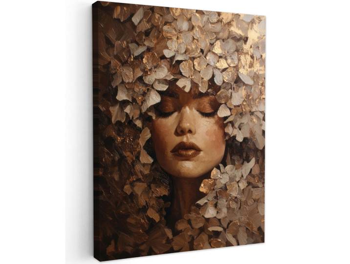 MuchoWow Leinwandbild - Gesicht - Dame - Blätter - Pinselstriche - 60x80 - Gemälde, Goldfarben, Textil, Kiefer, Abstrakt, Rechteckig, 60x80 cm, gerahmt, Bilder & Rahmen, Bilder, Wandbilder