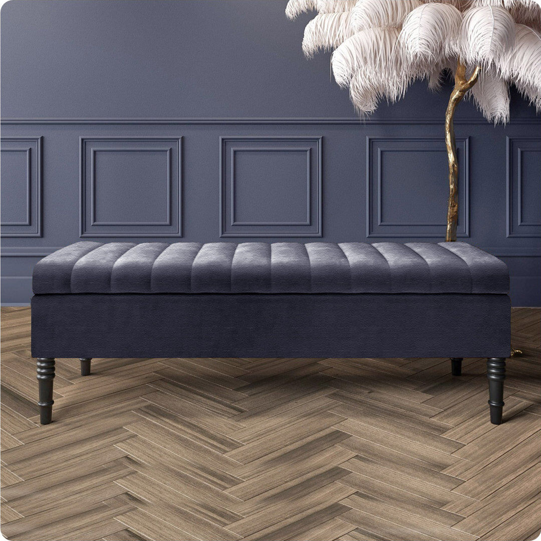 R&M Furnishers Safar Striped Ottoman Storage Bench – Upholstery Naples Shoe Bench with Black Turned Wooden Legs Charcoal