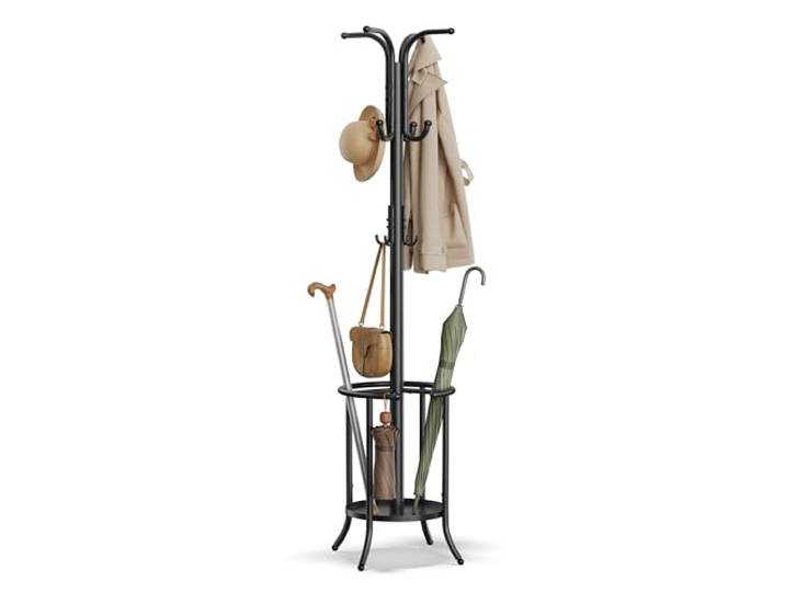 SONGMICS Porte-manteau\, avec Porte-parapluie\, 12 Crochets Portant à Vêtements\, Structure Métallique\, Hauteur 175\,5 cm\, Noir d'encre\, Collection ALAN RCR011B01