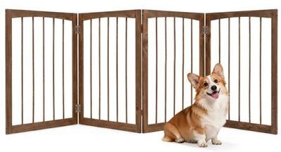 Costway 83 inch L x 30 inch H Dog Gate 4-Panel Wooden Pet Fence for Indoor-Brown