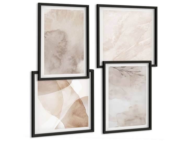 BILDER SET 4er Set - 50x50 cm & 40x60 cm Schwarzer Rahmen - Aquarellfarben, Boho-Texturen