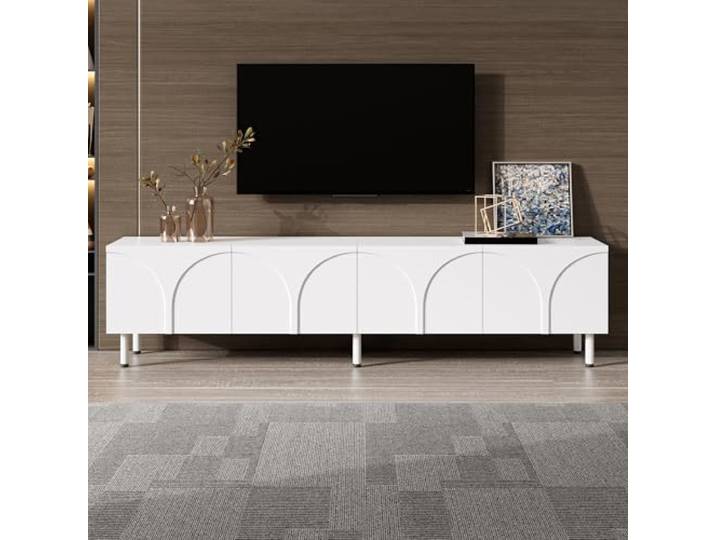 Ropilly TV-Schrank weiß 180 cm Lowboard 4 Türen geschwungenes Design MDF TV‑Möbel mit geschwungenen 3D‑Linien, 4 Türen und Metallfüßen mit reichlich Stauraum.