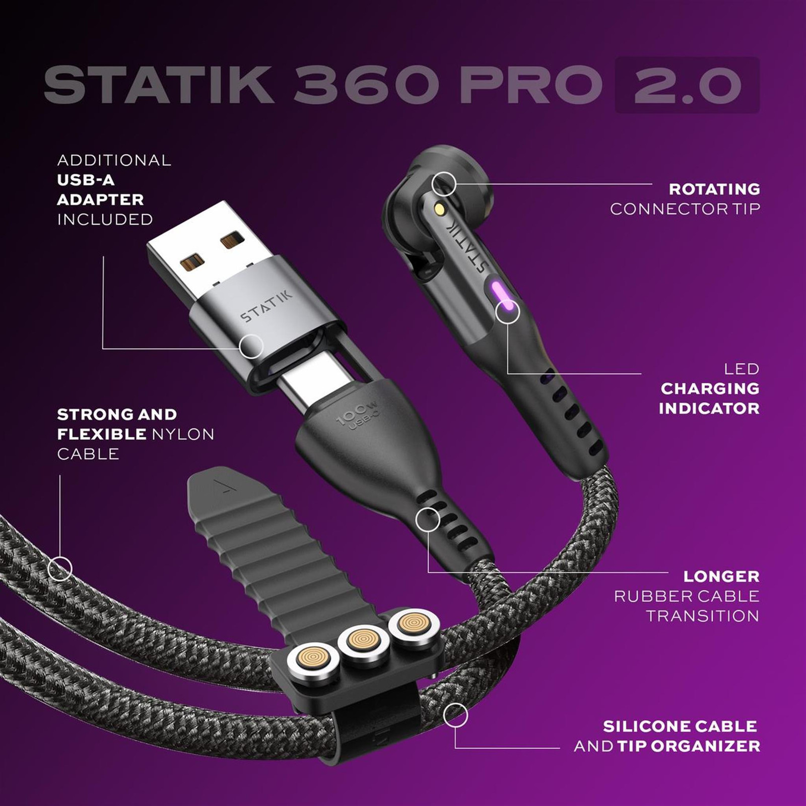 Statik 360 PRO 2.0 magnetische USB-kabel, 2 meter