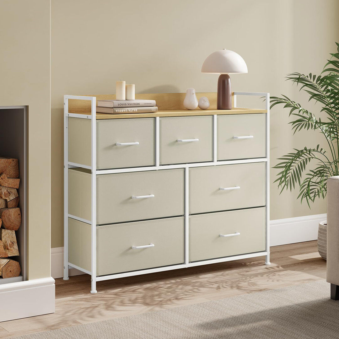 Borough Wharf Chest Of Drawers, Bedroom Cabinet, 7 Fabric Drawers With Handles, Metal Frame Cream White