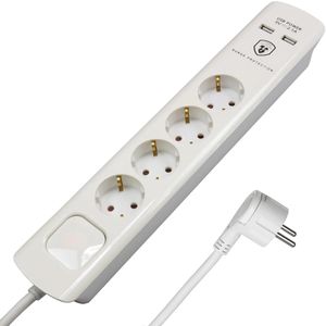 FeinTech Steckdosenleiste mit 3m Kabel, 4-fach, 2x USB-A, Überspannungsschutz, Flachstecker & Schalter