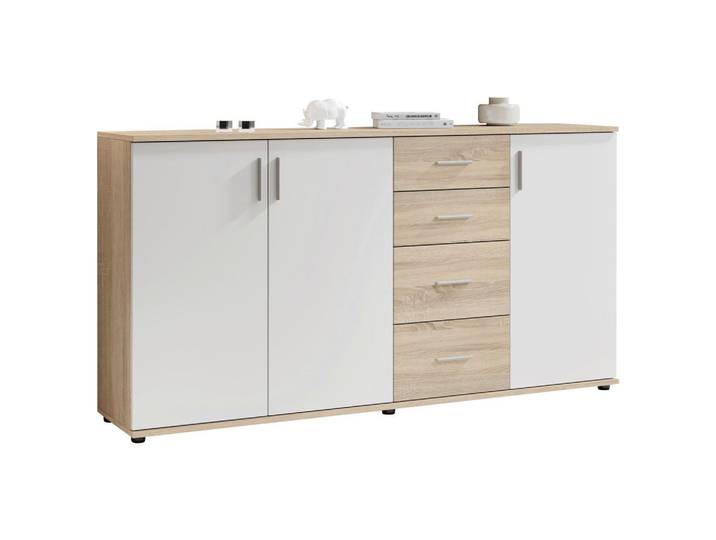 Carryhome Kommode Bobby, Weiß, Sonoma Eiche, Kunststoff, 2 Fächer, 4 Schublade(n) Schubladen, 160x84x35 cm, Made in EU, Typenauswahl, stehend, Wohnzimmer, Kommoden & Sideboards, Kommoden