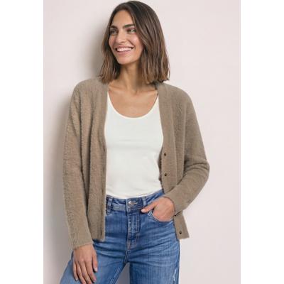 Cardigan STREET ONE, Damen, Gr. 44, mocha glow, Feinstrick, 78% Polyamid, 22% Baumwolle, unifarben, regular fit normal, V-Ausschnitt, abgesteppt, Strickjacken, in Unifarbe