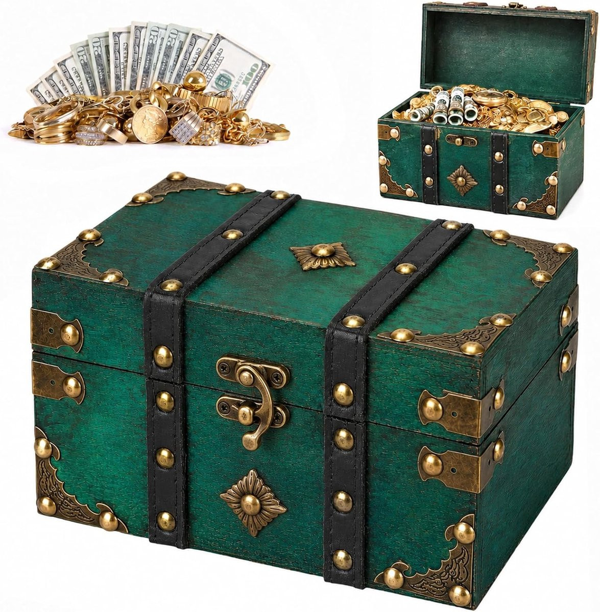 Groene houten schatkist met slot en gesp