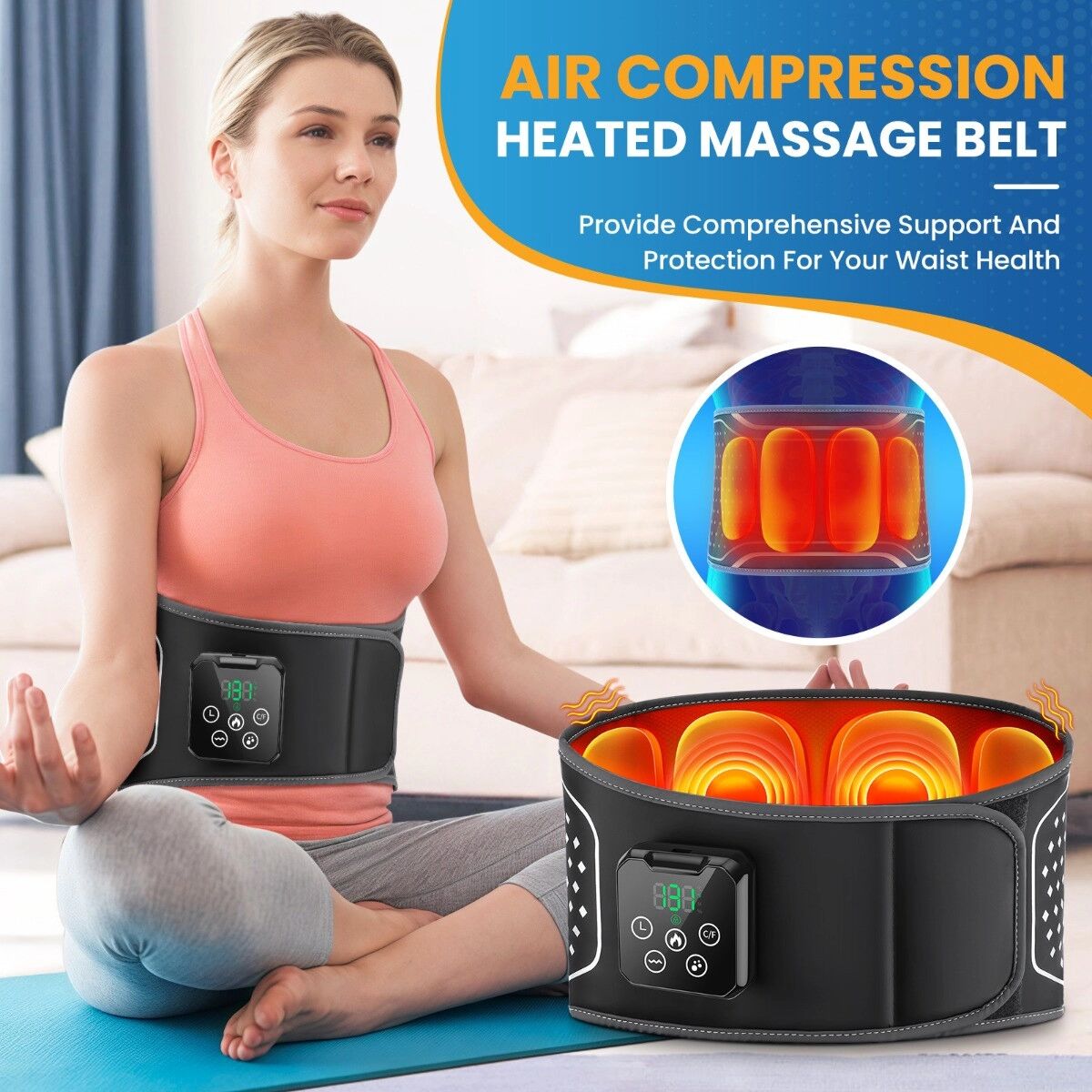 INF Ceinture lombaire chauffante à airbag 120cm - 4 zones double-airbag, chaleur, vibration et rechargeable sans fil