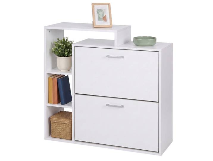 Relaxdays Schuhschrank Weiß industriell 2 Klappen, Holzwerkstoff, Kunststoff, 80x90x23.5 cm, Garderobe, Schuhaufbewahrung, Schuhkipper