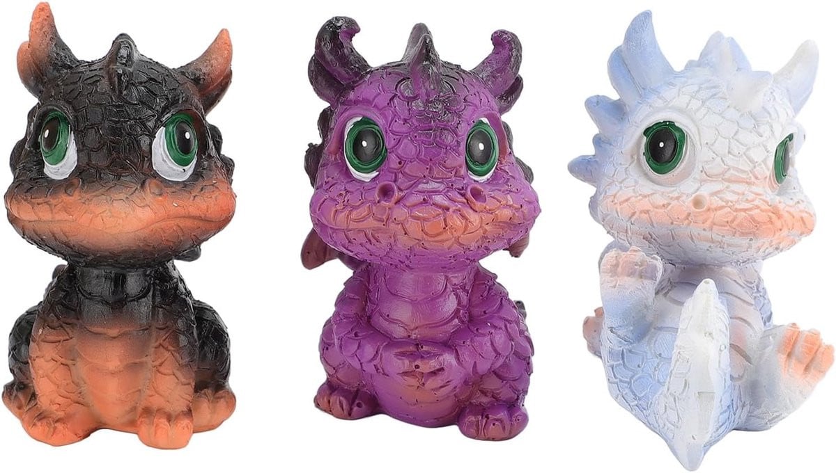 Set van 3 Baby Draak Beeldjes - Multicolor Mini Cartoon Sculpturen van Duurzame Hars voor Huis en Kantoor Decoratie