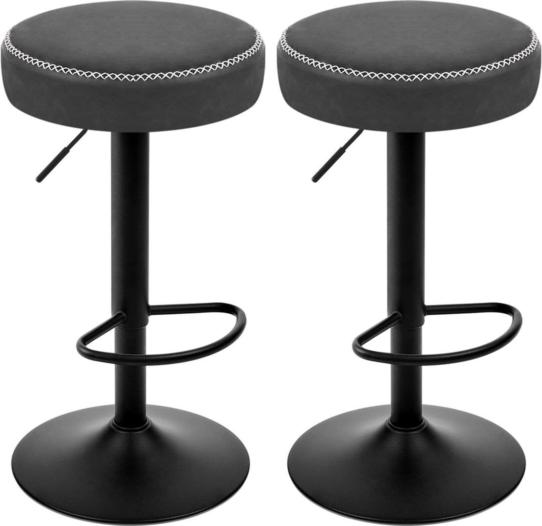 George Oliver Sutherby Swivel Round Bar Stool, Height Adjustable, Metal Frame, Vintage Faux Leather Anthracite 2