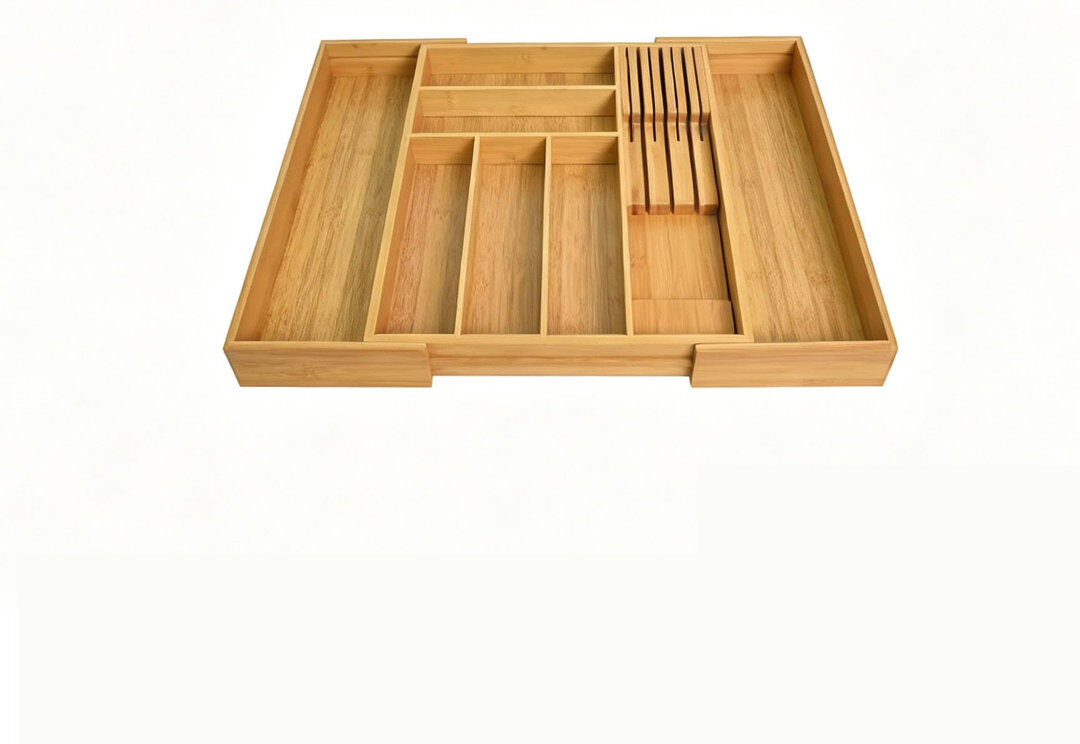 Rebrilliant Bamboo Silverware Drawer Organizer Expandable Utensil Holder Cutlery Tray for Drawers Brown 5.3cm H X 52cm W X 41.2cm D