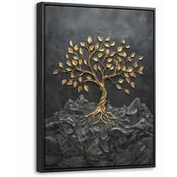 LEINWAND Bilder mit Rahmen - Blätter - Gold - Baum - Fels - 30x40