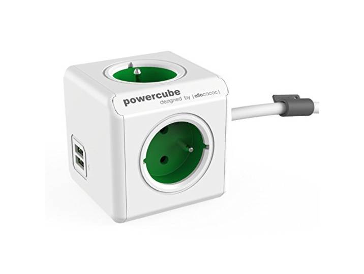 allocacoc PowerCube Extended Duo USB FR groen, 4-voudige stekkerverdeler met 2,1 A USB-laadstroom, wit/groen