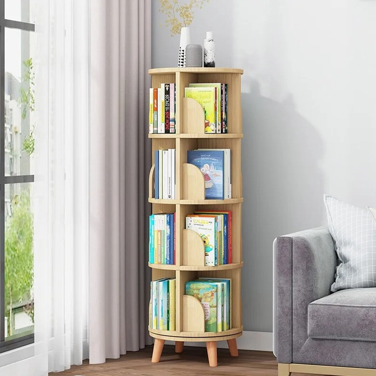 4-laags houten boekenkast met draaibare vloerstandaard en multifunctionele vitrine organizer voor boeken en decoratie