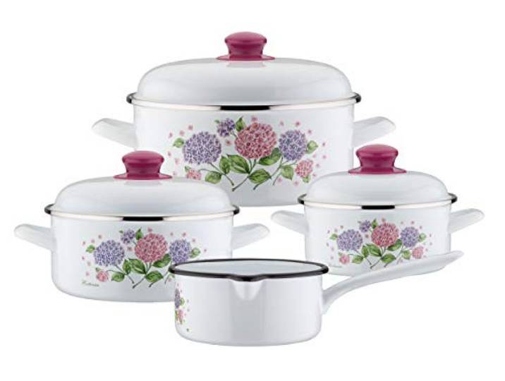 GSW 189989 Hortensia Lot de 7 casseroles en acier émaillé\, plastique\, blanc