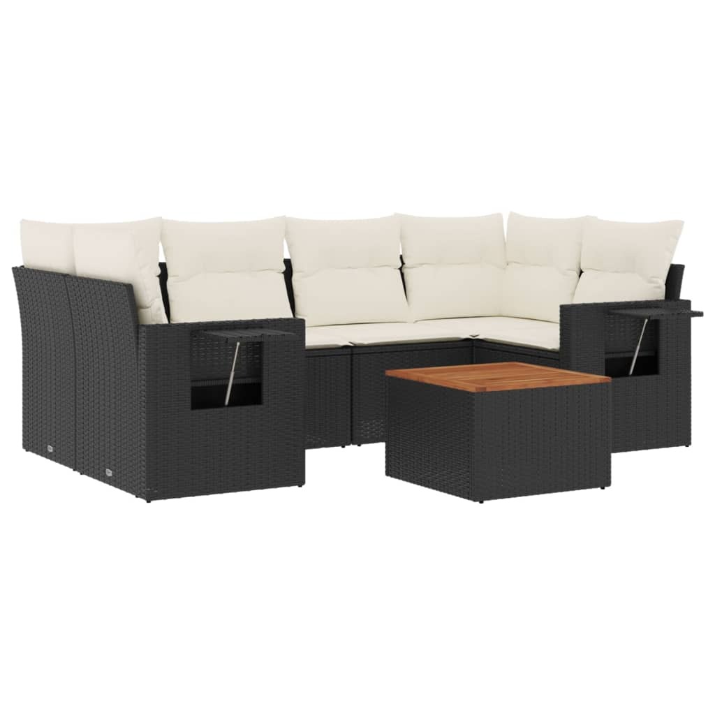 Garten-Sofagarnitur, 7-tlg., Schwarz, aus UV-beständigem PE-Rattan & pulverbeschichtetem Stahl, mit Akazienholz-Tisch, cremeweißen Kissen