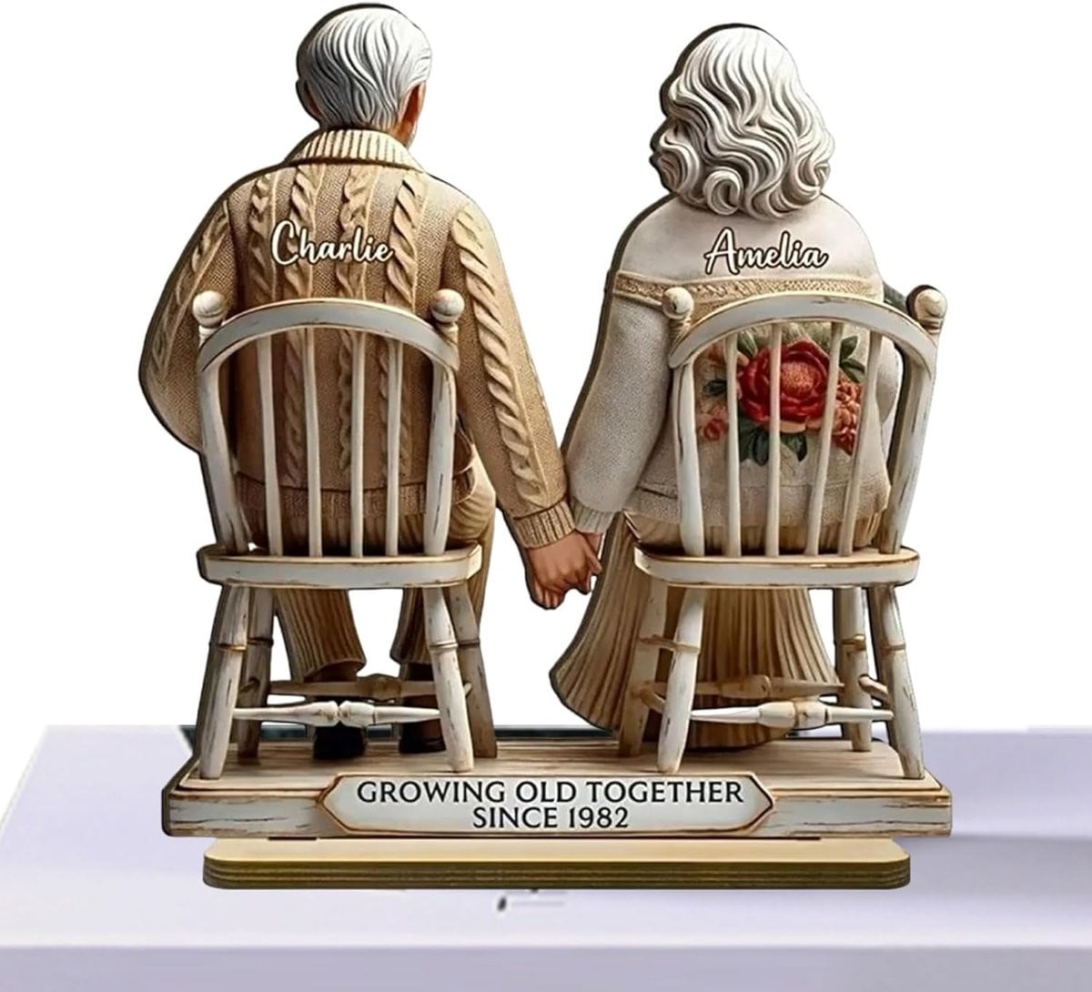 Rom Houten Figuren Paar Samen Oud Worden - Romantische Decoratie - Hoogte: 15 cm
