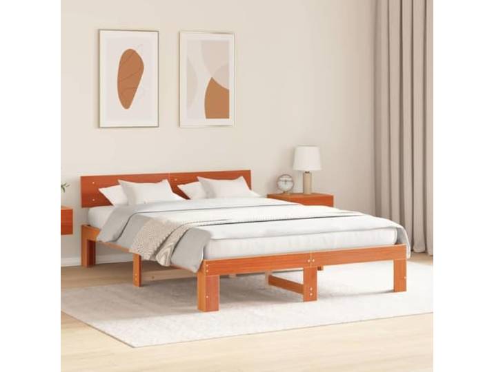 KTHLBRH Bett aus massivem Kiefernholz, 150 x 200 cm, Braun Rechteckiger Sockel, minimalistisches Design, robuste Struktur, einfach zu montieren