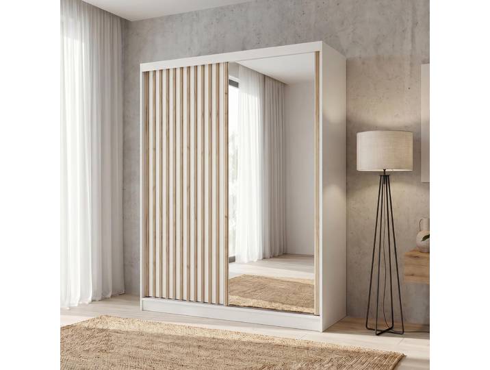 BEAUTYSOFA Kleiderschrank DONATELLO 160 cm Weiß/Artisan mit Spiegel und Lamellen Schwebetürenschrank modern