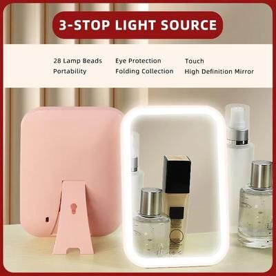 Uplifted Goods LED Touch Screen Folding Makeup Mirror Rechargeable Cosmetic Tool pink