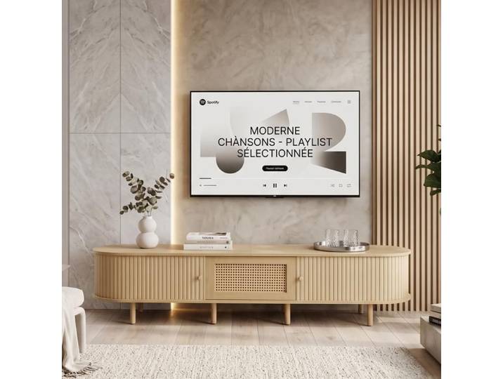 Meuble TV 180x40x40cm Grand Rangement Design Effet Rotin Bois Meuble Bas Salon Moderne Portes Coulissantes