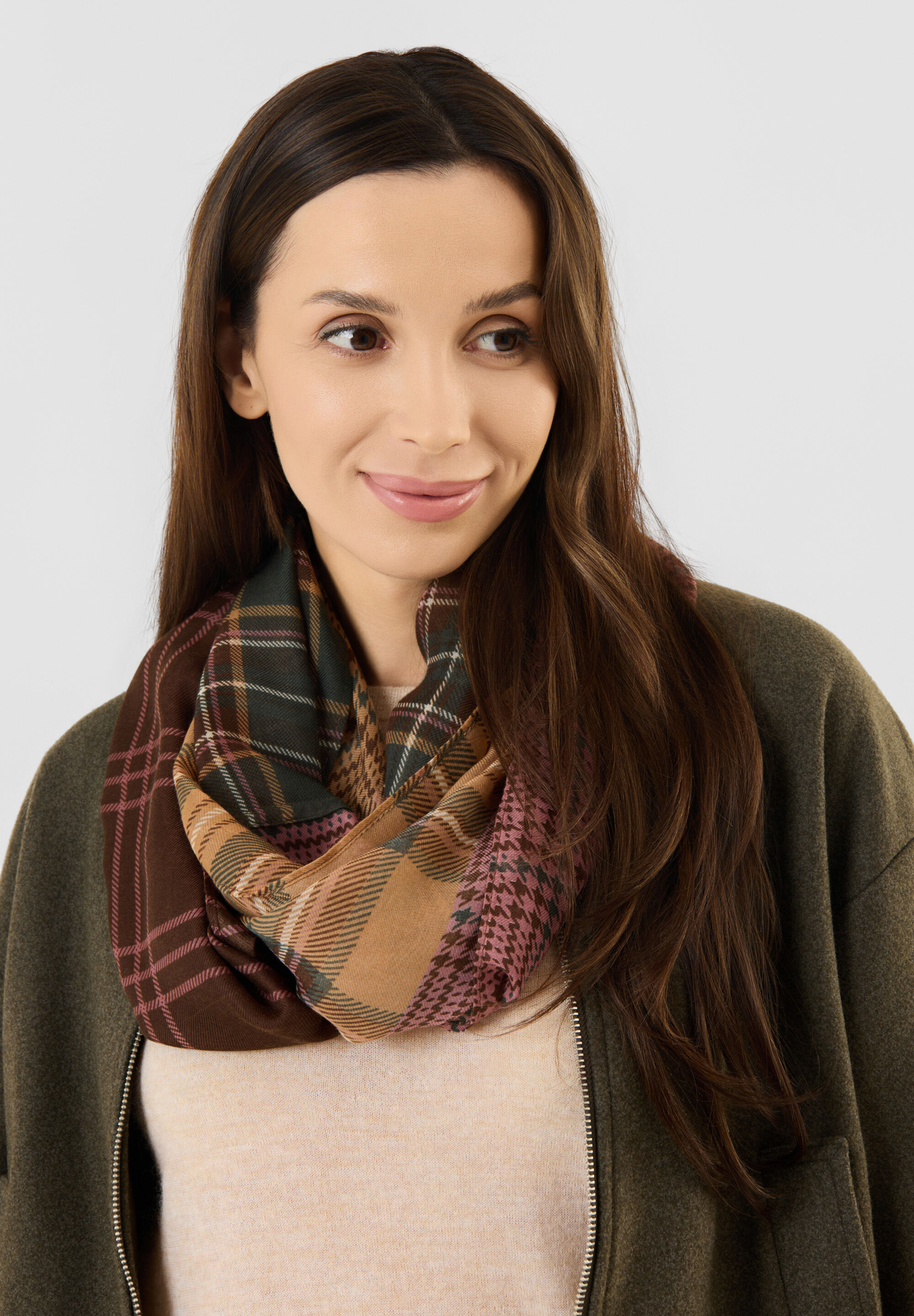 Loop CODELLO "Codello Loop", Damen, braun (kamel), Obermaterial: 100% Polyester PES., kariert, Modetücher Loop, mit Karomuster