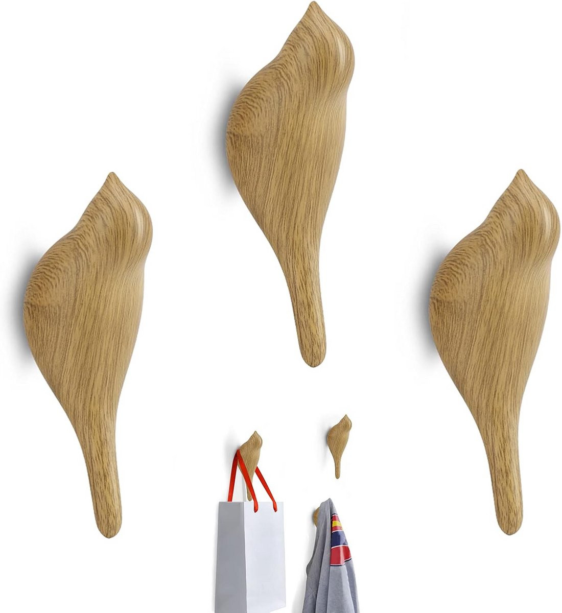 Vogel Kapstokhaken Houten Wandhaak - 3 Stuks - Decoratieve Muurhaak voor Slaapkamer en Hal