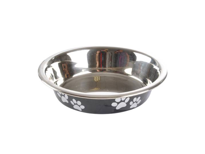 Fressnapf aus Edelstahl, Futternapf Pfotenmotiv, silber, schwarz, Ø 12 cm