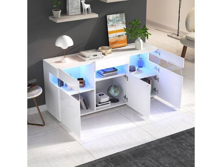Buffet bas - ZEVKOR - 140×40 5×66 5 cm - 3 portes - 7 compartiments - LED pilotée