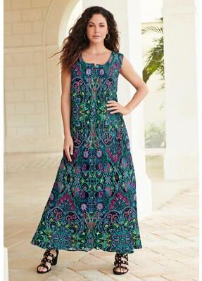 Plus Size Women's Plus Size Sleveless Hand-Crinkled Button-Front A-Line Maxi - Curvy Breezy Dress by Roaman's in Tropical Emerald Mirrored Medallion