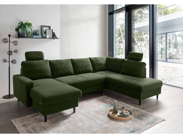 freiraum Wohnlandschaft Pris, U-Form, Funktionen, cord moosgrün - 153x305x75x200 (LxBxHxT)