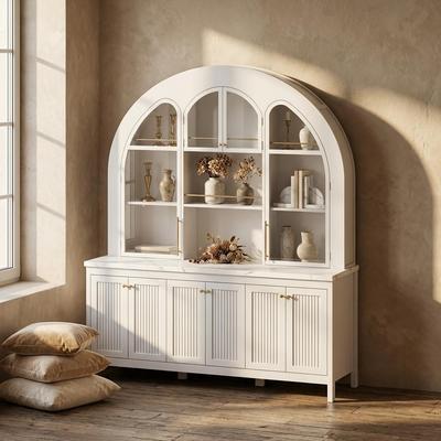 FUFU&GAGA "63"" Arched Display Cabinet with LED Lights, Modern Buffet Sideboard with Glass Doors, Large Storage Credenza Bookshelves"