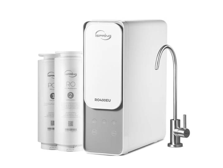 iSpring RO400EU Umkehrosmose Wasserfiltersystem, 400GPD Tanklos 2:1 Pure zu Drain, Umkehrosmoseanlage für Trinkwasser unter der Spüle, TDS-Reduktion, weiß