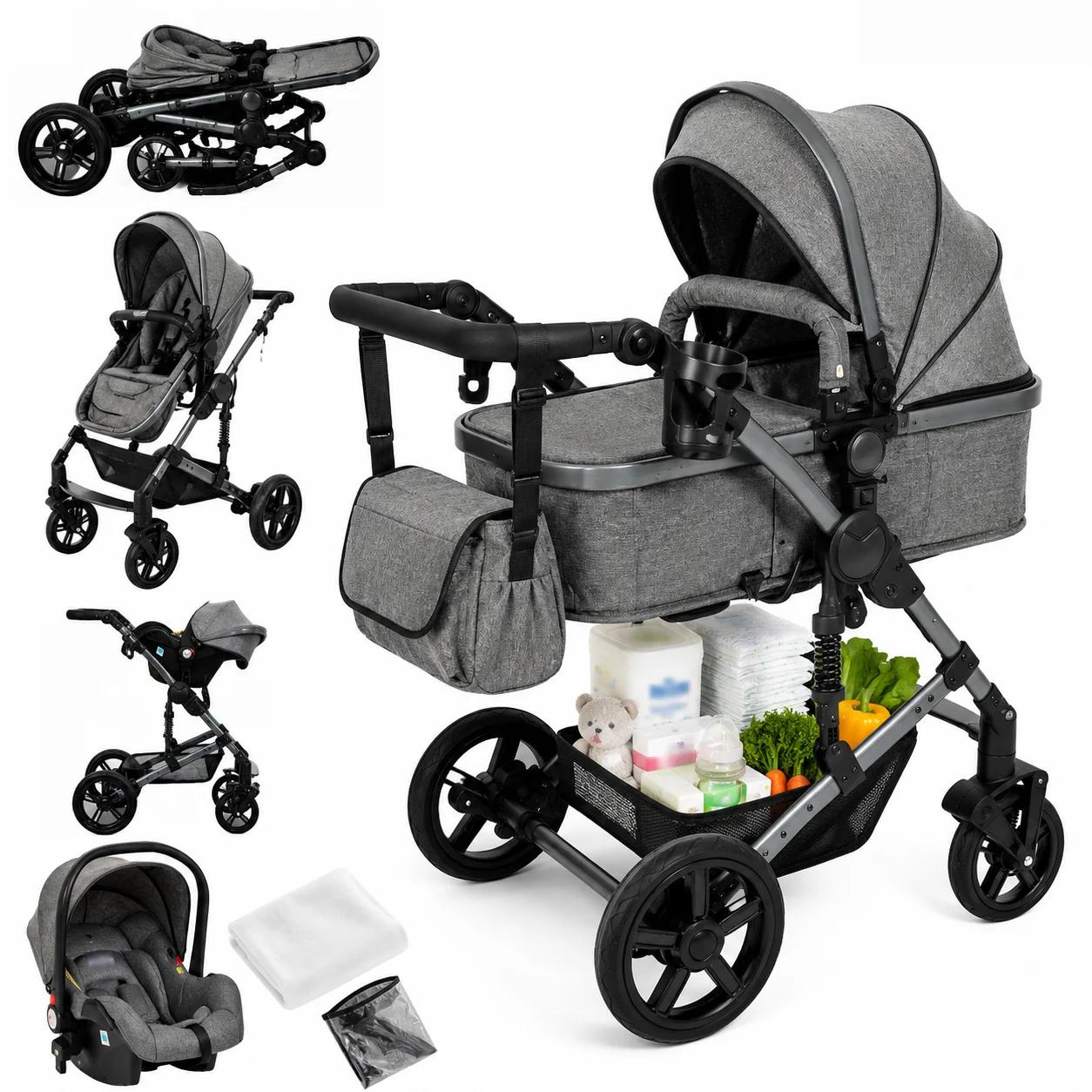 Multifunktionaler Kinderwagen - 3-in-1 Kombikinderwagen - Faltbar - Wendeaufsatz - Geländegängige Räder Mit Federung - UV-Schutzverdeck - Leinenbezug - Max. 20 kg - Grau