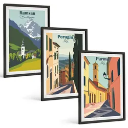 BILDER SET 3er Set - 40x60 cm Schwarzer Rahmen - Berglandschaften und Italien