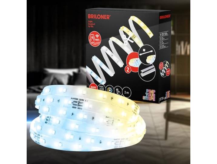 Briloner Pimp your Stripe Starterset, 2 m, smart ledstrip, warmwit tot koudwit, app-spraakbediening, 3 m voedingskabel, in te korten, zelfklevend, ledstrip, kamerdecoratie, gaming-decoratie