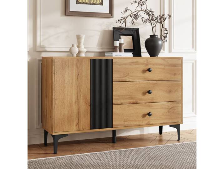 Buffet - Buffet industriel moderne - 2 portes - 3 tiroirs - Bois et métal noir - 120x35x76 cm