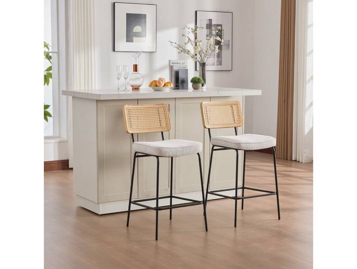 BBG Barhocker Barhocker 2er Set mit Rückenlehne, Chenille-Bezug, Rattan-Optik, Massivholzrahmen, Metallgestell, Tresenhocker mit Fußstütze