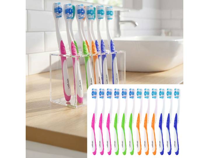 12er-Pack Zahnbürsten mit Zungenreiniger, 4 Farben, Ultra-Soft