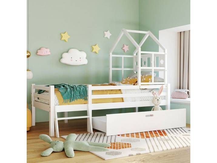Lit cabane mezzanine enfant 90x200 blanc échelle tiroir