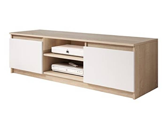 Mirjan24 TV Lowboard Mimires mit 2 Facher und 2 Türen, Grifflosem Öffnen, Fernsehtisch, TV Tisch, Fernsehschrank, Unterschrank, TV Board (Sonoma/Weiß, mit weißer LED Beleuchtung)