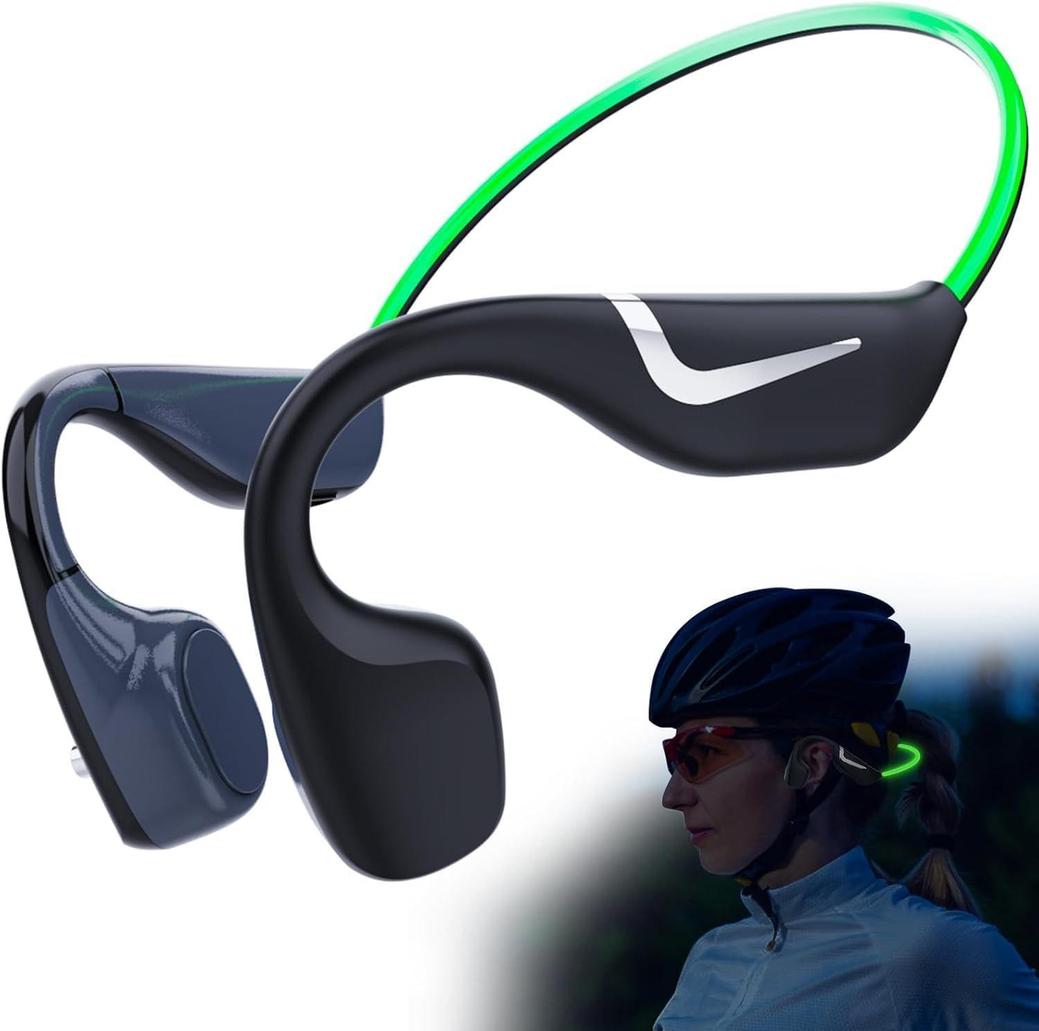 Selius Bone Conduction-hoofdtelefoon Open Ear Koptelefoon Bluetooth 5.3 Groen met Intelligent Licht IPX7 Waterdicht