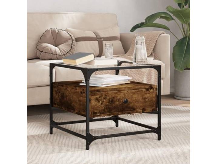HEFZGDB Couchtisch mit Glasplatte Räuchereiche 50x50x45 cm Stahlgestell, Wohnzimmertisch Beistelltisch mit Edelstahlgestell, Langlebiger TV-Tisch mit robuster Konstruktion